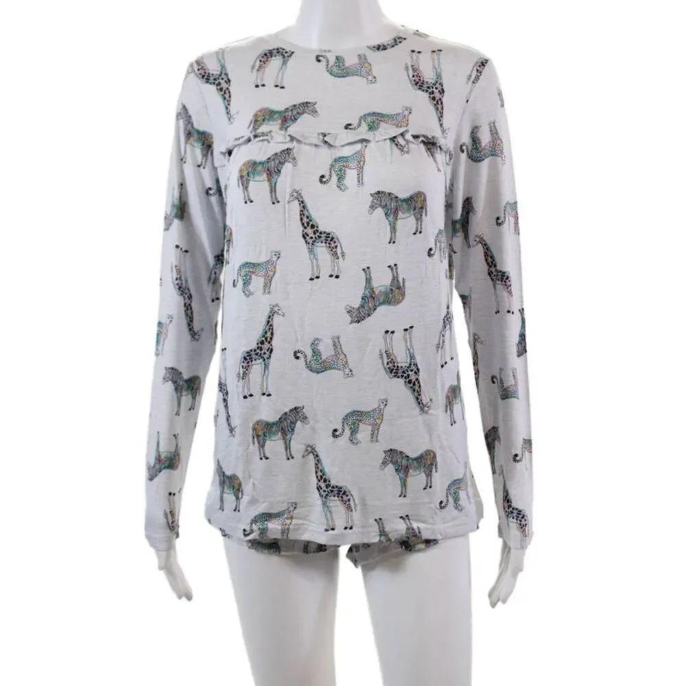 Emerson Road Womens Giraffe Print Ruffled Long Sleeve Pajama Set Gray Size XS